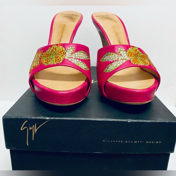 Giuseppe Zanotti Fuschia Pink Leather Floral Crystal Stiletto Mule Slide Shoe 9B - Picture 6 of 10